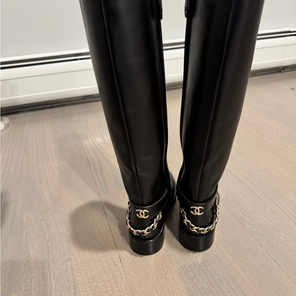 Chanel Black Boots with Gold Chain Accent